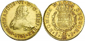 1751. Fernando VI. Santiago. J. 8 escudos. (Cal. 72) (Cal.Onza 644). 26,97 g. Leves golpecitos. Bella. Ex Áureo & Calicó 17/12/2008, nº 410. Rara. EBC...
