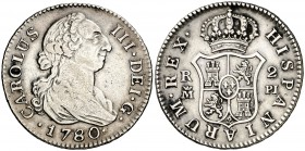 1780. Carlos III. Madrid. PJ. 2 reales. (Cal. 1310). 5,89 g. Buen ejemplar. Ex Áureo & Calicó 26/10/2010, nº 1593. No figuraba en la colección de 2 re...