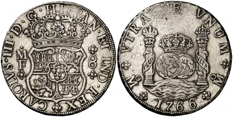 1766. Carlos III. México. MF. 8 reales. (Cal. 904). 27 g. Columnario. Golpecitos...