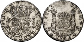 1766. Carlos III. México. MF. 8 reales. (Cal. 904). 27 g. Columnario. Golpecitos. Limpiada. (MBC+).