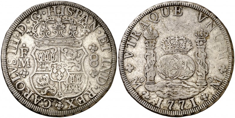1771. Carlos III. México. FM. 8 reales. (Cal. 914). 26,71 g. Columnario. Manchit...