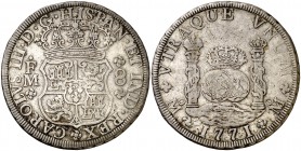 1771. Carlos III. México. FM. 8 reales. (Cal. 914). 26,71 g. Columnario. Manchitas. MBC.