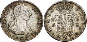 1788. Carlos III. Sevilla. C. 8 reales. (Cal. 1042). 26,85 g. Rayitas y golpecitos. Rara. MBC/MBC+.