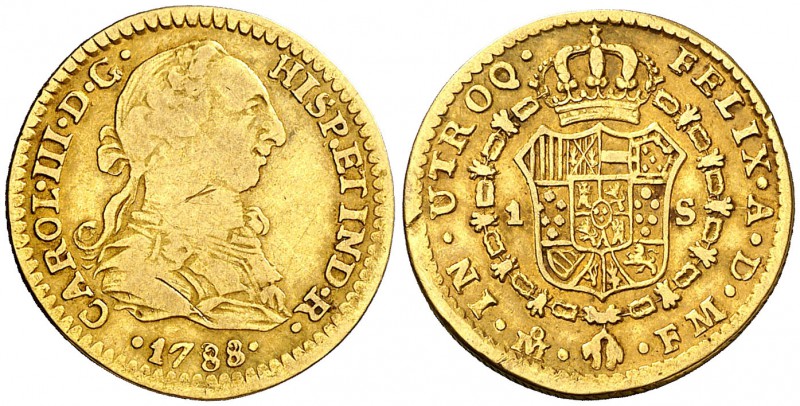 1788. Carlos III. México. FM. 1 escudo. (Cal. 650). 3,33 g. Escasa. MBC-/MBC.