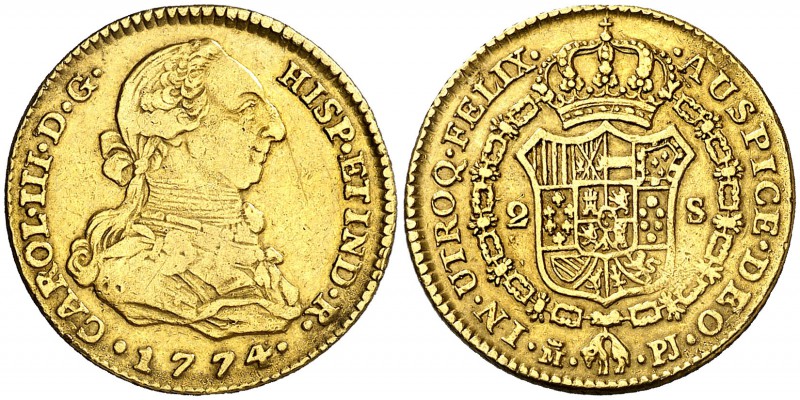 1774. Carlos III. Madrid. PJ. 2 escudos. (Cal. 447). 6,64 g. MBC-/MBC.