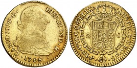 1785/4. Carlos III. Popayán. SF. 2 escudos. (Cal. 515) (Restrepo 62-27). 6,72 g. Leves golpecitos. MBC-/MBC.