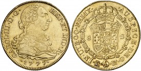 1777. Carlos III. Madrid. PJ. 8 escudos. (Cal. 58) (Cal.Onza 729). 26,90 g. Golpecitos. Parte de brillo original. Rara. MBC+.