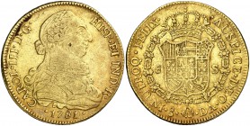 1781/79. Carlos III. Santiago. DA. 8 escudos. (Cal. 235) (Cal.Onza 936). 26,98 g. Golpecitos. Bonito color. Rara rectificación de fecha. MBC.