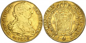 1786. Carlos III. Sevilla. C. 8 escudos. (Cal. 260) (Cal.Onza 965). 26,26 g. Contramarca . Golpecitos. Escasa. MBC.