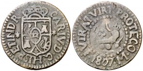 1807. Carlos IV. Manila. 1 cuarto. (Cal. 1477) (Basso 17) (Kr. 6). 3,43 g. Cuarteles cambiados. Acuñación muy cuidada, rara en estas emisiones. MBC+....