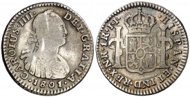 1801/797. Carlos IV. Santa Fe de Nuevo Reino. JJ. 1 real. (Cal. 1192) (Restrepo 78-33). 3,28 g. Rara. MBC-.