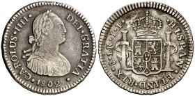 1802. Carlos IV. Santiago. JJ. 1 real. (Cal. 1209). 3,38 g. Único año de este ensayador. Buen ejemplar para esta ceca. Escasa así. MBC/MBC+.