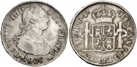 1806/5. Carlos IV. Santiago. FJ. 2 reales. (Cal. 1053 var). 6,22 g. Buen ejemplar. Rara rectificación. MBC-/MBC.