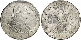 1791. Carlos IV. Sevilla. C. 8 reales. (Cal. 767). 27,04 g. Leves golpecitos. Muy rara. MBC+/EBC-.