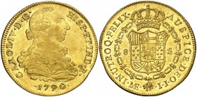 1790. Carlos IV. Lima. IJ. 8 escudos. (Cal. 7) (Cal.Onza 979). 26,93 g. Busto de Carlos III. Ordinal IV. Acuñación empastada. Muy bella. Brillo origin...