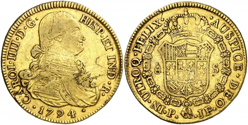 1794. Carlos IV. Popayán. JF. 8 escudos. (Cal. 72) (Cal.Onza 1056) (Restrepo 98-...