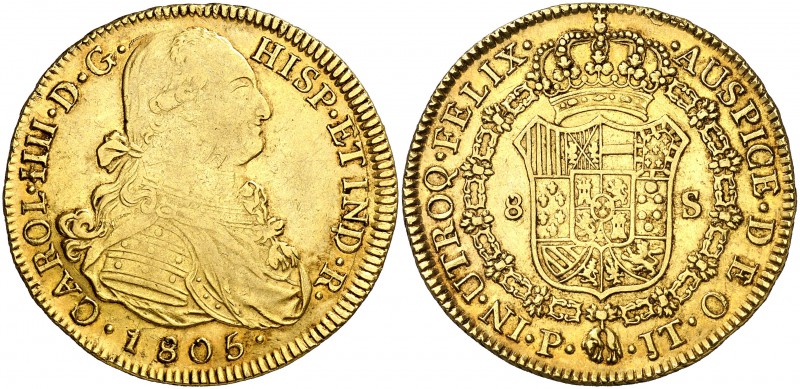 1805. Carlos IV. Popayán. JT. 8 escudos. (Cal. 86) (Cal.Onza 1070) (Restrepo 98-...