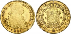1805. Carlos IV. Popayán. JT. 8 escudos. (Cal. 86) (Cal.Onza 1070) (Restrepo 98-32). 26,95 g. Parte de brillo original. MBC+/EBC-.