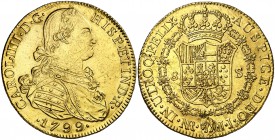 1799. Carlos IV. Santa Fe de Nuevo Reino. JJ. 8 escudos. (Cal. 1269) (Cal.Onza 1132) (Restrepo 97-20). 26,99 g. Golpecito en canto y rayitas. MBC+.