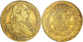 1800/1799. Carlos IV. Santa Fe de Nuevo Reino. JJ. 8 escudos. (Cal. 130) (Cal.Onza 1133) (Restrepo 97-22). 27,08 g. Preciosa pátina. Escasa. MBC+.