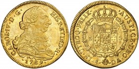 1789. Carlos IV. Santiago. DA. 8 escudos. (Cal. 146) (Cal.Onza 1110). 27 g. Busto de Carlos III. Ordinal IV. Bella. Brillo original. Escasa así. EBC/E...