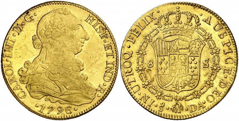 1796. Carlos IV. Santiago. DA. 8 escudos. (Cal. 155) (Cal.Onza 1160). 27,04 g. L...