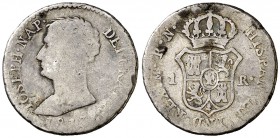 1813. José Napoleón. Madrid. RN. 1 real. (Cal. 66). 1,31 g. Ex Colección de 1 real, Áureo 05/03/2003, nº 2154. Muy rara. BC-/BC+.