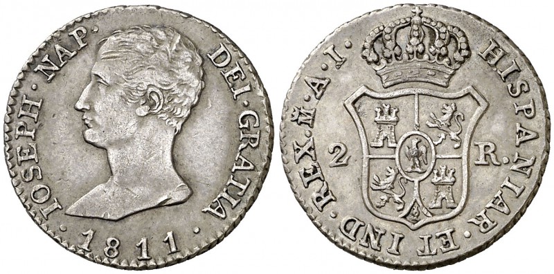 1811. José Napoleón. Madrid. AI. 2 reales. (Cal. 62). 3,18 g. Leves rayitas. Bon...