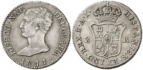 1811. José Napoleón. Madrid. AI. 2 reales. (Cal. 62). 3,18 g. Leves rayitas. Bonita pátina. Buen ejemplar. Rara. MBC+/EBC-.