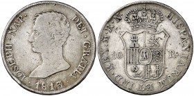 1813. José Napoleón. Madrid. RN. 10 reales. (Cal. 43). 13,05 g. Golpe en canto. Ex Cercle Filatèlic i Numismàtic 29/03/2000, nº 12. Rara. MBC-.
