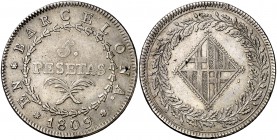 1809. Catalunya Napoleónica. Barcelona. 5 pesetas. (Cal. 14). 26,62 g. Escasa. MBC.