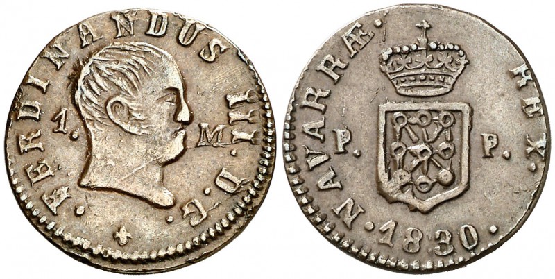 1830. Fernando VII. Pamplona. 1 maravedí. (Cal. 1657). 1,75 g. Escasa así. EBC-....