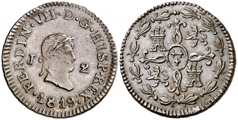 1819. Fernando VII. Jubia. 2 maravedís. (Cal. 1586). 2,71 g. Buen ejemplar. MBC+...