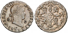 1832. Fernando VII. Segovia. 2 maravedís. (Cal. 1734). 2,25 g. FERDIN IIV. Rara. MBC+.