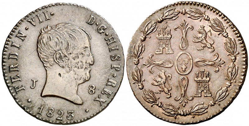 1823. Fernando VII. Jubia. 8 maravedís. (Cal. 1559). 11,42 g. Tipo "cabezón". Ma...