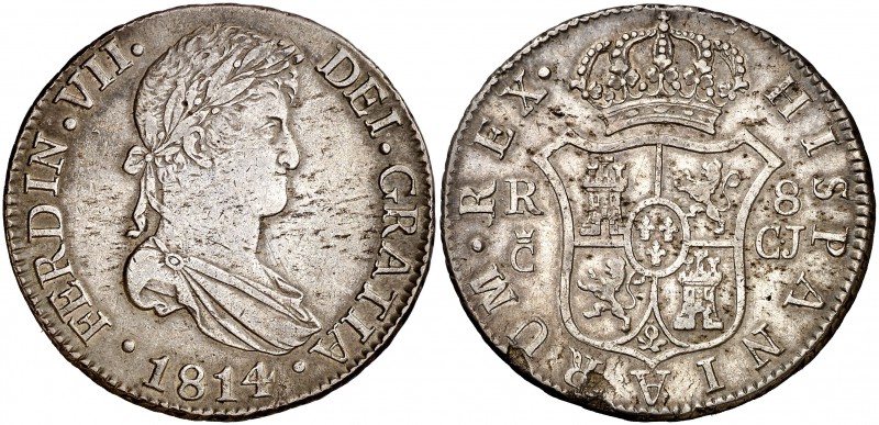 1814. Fernando VII. Cádiz. CJ. 8 reales. (Cal. 376). 26,55 g. Hojitas en reverso...