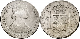 1811. Fernando VII. Lima. JP. 8 reales. (Cal. 476). 26,33 g. Busto indígena. Limpiada. Ex Colección Manuela Etcheverría. Escasa. (MBC/MBC+).