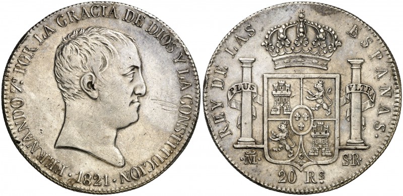 1821. Fernando VII. Madrid. SR. 20 reales. (Cal. 515). 27,01 g. Tipo "cabezón". ...