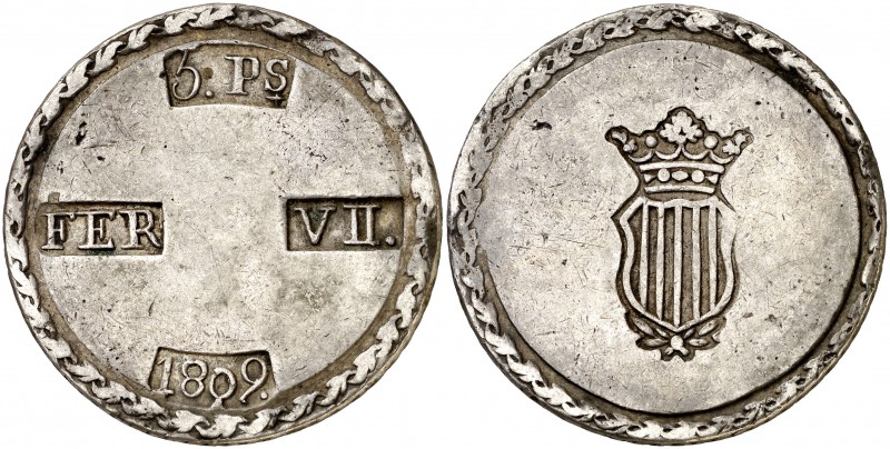 1809. Fernando VII. Tarragona. 5 pesetas. (Cal. 653). 26,49 g. MBC.