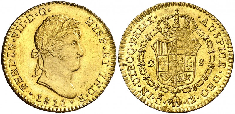 1811. Fernando VII. Cádiz. CI. 2 escudos. (Cal. 178). 6,68 g. Marca de ceca gran...