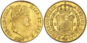 1820. Fernando VII. Madrid. GJ. 2 escudos. (Cal. 217). 6,76 g. Levísimas rayitas. Bella. Parte de brillo original. Escasa así. EBC-/EBC.