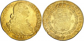 1810. Fernando VII. Santa Fe de Nuevo Reino. JF. 8 escudos. (Cal. 95) (Cal.Onza 1314) (Restrepo 128-5). 27 g. Golpecitos. Pequeña parte de brillo orig...