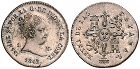 1842. Isabel II. Segovia. 1 maravedí. (Cal. 567). 1,32 g. Bellísima. Parte de brilllo original. Ex Áureo 21/06/2007, nº 603. Muy escasa así. S/C-....