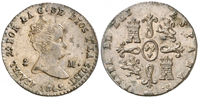 1849. Isabel II. Segovia. 2 maravedís. (Cal. 561). 2,03 g. Leves sombras. EBC/EB...