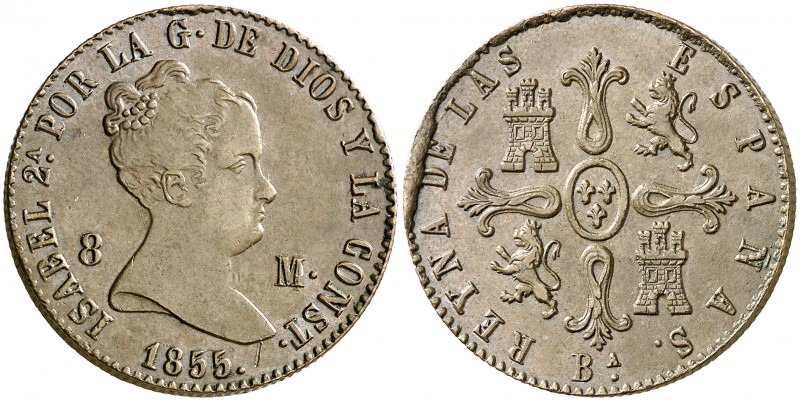 1855. Isabel II. Barcelona. 8 maravedís. (Cal. 470). 11,38 g. Rayita. Bella. Rar...