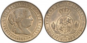 1868. Isabel II. Segovia. . 2 1/2 céntimos de escudo. (Cal. 648). 6,66 g. Bella. Parte de brillo original. S/C-.