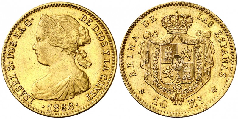 1868*1868. Isabel II. Madrid. 10 escudos. (Cal. 47). 8,34 g. EBC/EBC+.