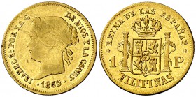 1865. Isabel II. Manila. 1 peso. (Cal. 147). 1,62 g. Golpecito. Parte de brillo original. MBC+/EBC-.