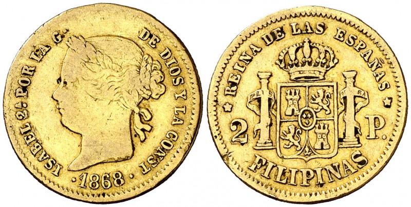 1868. Isabel II. Manila. 2 pesos. (Cal. 140). 3,33 g. Golpecitos en canto. MBC-.