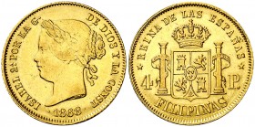 1868. Isabel II. Manila. 4 pesos. (Cal. 132). 6,75 g. Atractiva. EBC-/EBC.